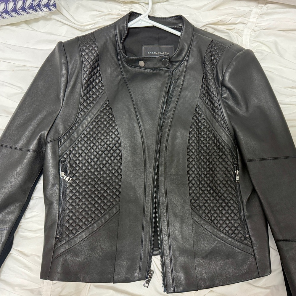 BCBGMazAzria Black Quilted Paneled Leather Jacket